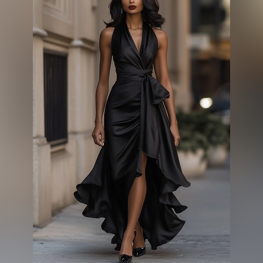 Mooyius Black Midnight Elegance Satin Halter Ruffle Gown Sz. M NWT!